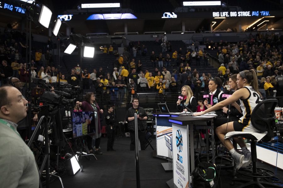 Iowa guard Gabbie Marshall talks to Big 10 reporters after a women’s basketball game between No. 7 Iowa and No. 5 Maryland at Target Center in Minneapolis on Saturday, March 4, 2023. The Hawkeyes defeated the Terrapins, 89-84.