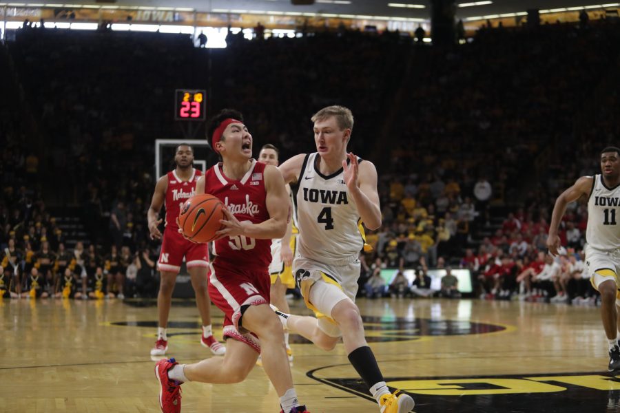 Nebraska guard Keisei Tominaga prepares for a layup during a mens basketball game between Iowa and Nebraska at Carver-Hawkeye Arena in Iowa City on Sunday, March 5, 2023. The Cornhuskers defeated the Hawkeyes, 81-77. Keisei scored 11 points.