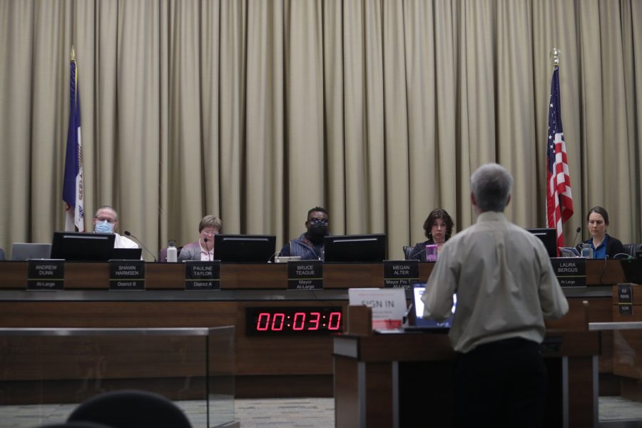 Iowa City Council holds a meeting in Iowa City on Tuesday, March 7, 2023. Community members disapprove of reducing the size of their neighborhood road. (Cody Blissett/The Daily Iowan)