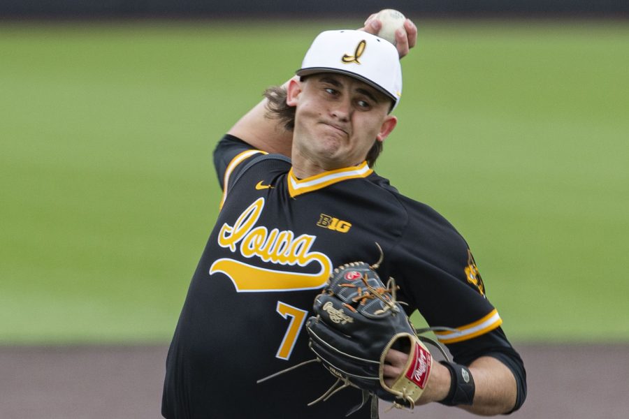 Iowa pitcher Keaton Anthony pitches the ball during a baseball game between Iowa and St. Thomas at Duane Banks Field in Iowa City on Wednesday, March 15, 2023. The Hawkeyes defeated the Tommies, 10-1.