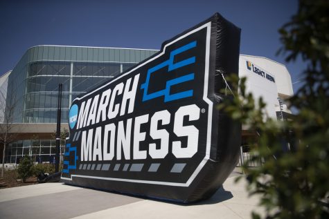 A March Madness sign is seen outside of Legacy Arena during the first round of the NCAA Men’s Basketball Tournament in Birmingham, Alabama on Thursday, March 16, 2023. Auburn faced against Iowa in the third game of the day. The Tigers defeated the Hawkeyes, 83-75.