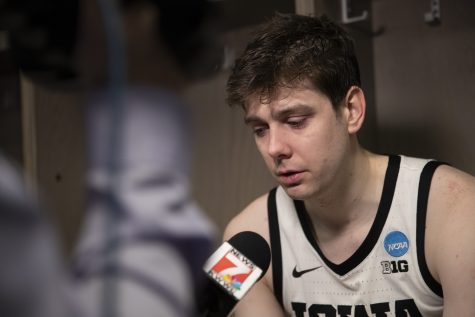 Iowa forward Patrick McCaffery talks to reporters after a men’s basketball game between Iowa and Auburn in the first round of the NCAA Tournament at Legacy Arena in Birmingham, Alabama on Thursday, March 16, 2023. The Tigers defeated the Hawkeyes, 83-75. 

“He [Connor McCaffery] is my best friend in the whole world. So having him not be here any more is tough. I’ve always had my brother with me… I’m not going to have my best friend with me anymore,” Patrick McCaffery said.