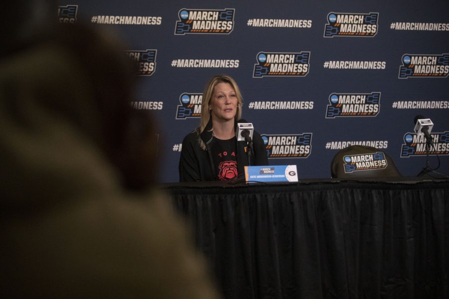 Georgia head coach Katie Abrahamson-Henderson talks to the media during the 2023 NCAA First Round women’s basketball pregame press conferences and open practices at Carver-Hawkeye Arena on Thursday, March 16, 2023.