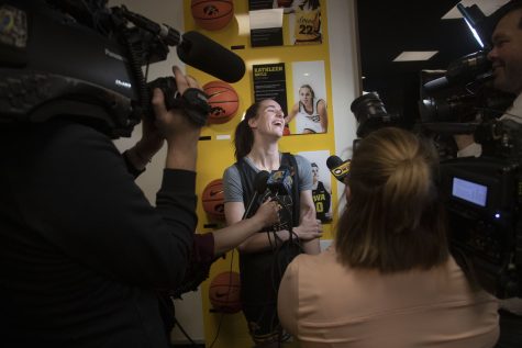 Iowa guard Caitlin Clark talks to the media during the 2023 NCAA First Round women’s basketball pre-game press conferences and open practices at Carver-Hawkeye Arena on Thursday, March 16, 2023.