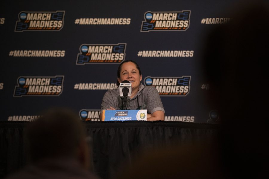 Southeastern Louisiana head coach Ayla Guzzardo  talks to the media during the 2023 NCAA First Round women’s basketball pre-game press conferences and open practices at Carver-Hawkeye Arena on Thursday, March 16, 2023.