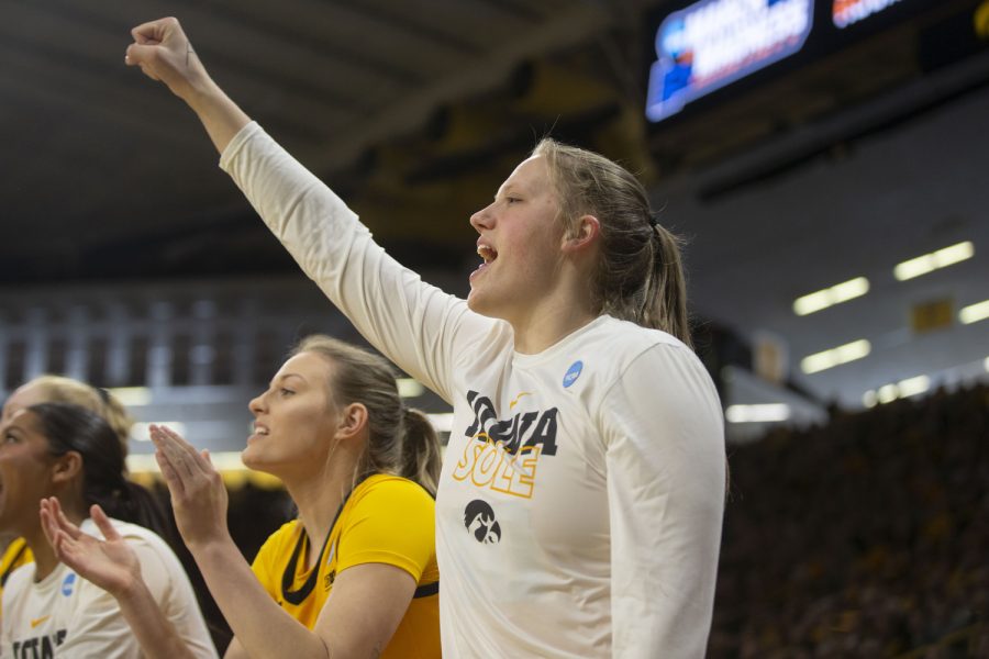 Iowa center Sharon Goodman cheers during a 2023 NCAA First Round women’s basketball game between No. 2 Iowa and No. 16 Southeastern Louisiana in sold-out Carver-Hawkeye Arena on Friday, March 16, 2023. The Hawkeyes defeated the Lions, 95-43.