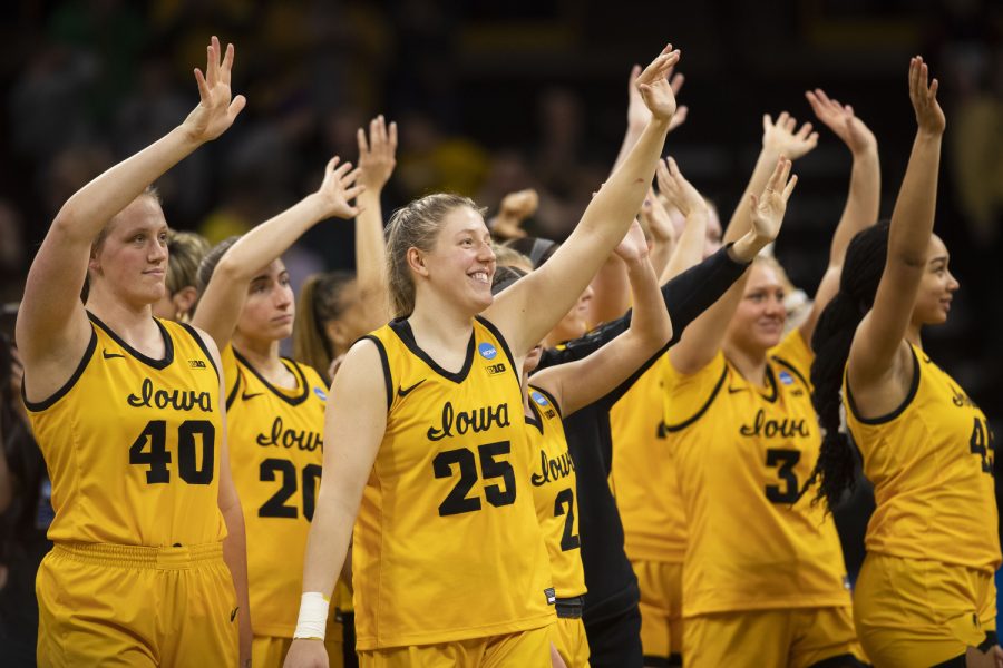 Iowa+players+wave+to+the+fans+during+a+2023+NCAA+First+Round+women%E2%80%99s+basketball+game+between+No.+2+Iowa+and+No.+16+Southeastern+Louisiana+in+sold-out+Carver-Hawkeye+Arena+on+Friday%2C+March+16%2C+2023.+The+Hawkeyes+defeated+the+Lions%2C+95-43.
