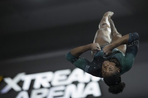 Michigan State’s Gabrielle Stephen performs on the bar during session two of the Big Ten gymnastics championship at Xtreme Arena in Coralville, Iowa on Saturday, March 18, 2023. Michigan won the Big Ten women’s gymnastics title with a score of 198.000.
