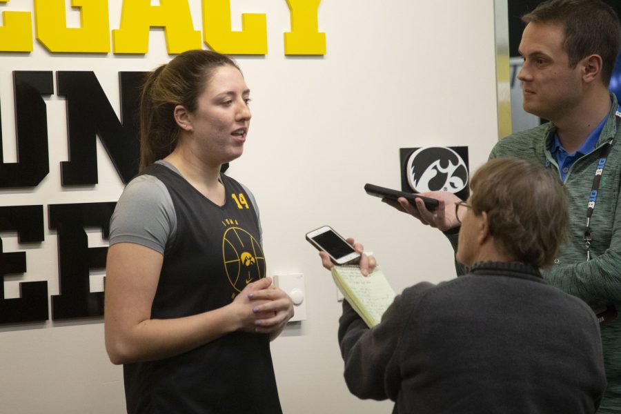 Iowas McKenna Warnock talks to the media during the 2023 NCAA Second Round women’s basketball pre-game press conferences for No. 2 Iowa and No. 10 Georgia at Carver-Hawkeye Arena on Saturday, March 19, 2022.