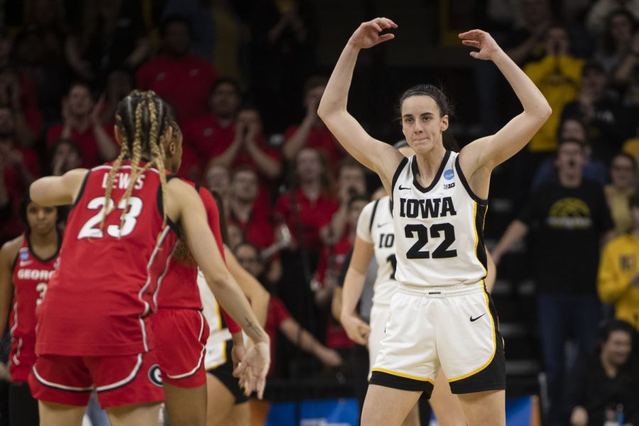 Iowa+guard+Caitlin+Clark+hypes+up+the+crowd+during+the+2023+NCAA+Second+Round+women%E2%80%99s+basketball+game+between+No.+2+Iowa+and+No.+10+Georgia+at+a+sold-out+Carver+Hawkeye+Arena+on+Sunday%2C+March+19%2C+2022.+The+Hawkeyes+defeated+the+Lady+Bulldogs%2C+74-66.