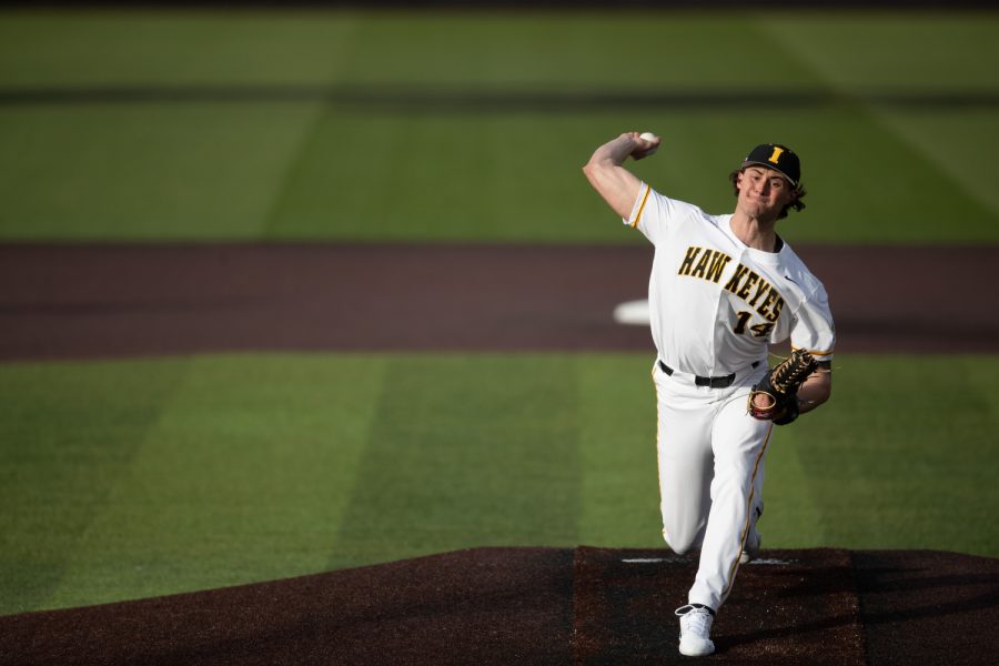 Iowa+right-handed+pitcher+Brody+Brecht+throws+the+ball+during+a+baseball+game+between+Iowa+and+West+Michigan+at+Duane+Banks+Field+in+Iowa+City+on+Friday%2C+March+24%2C+2023.+The+Hawkeyes+defeated+the+Broncos%2C+9-3.