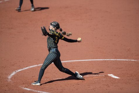 Iowa pitcher Breanna Vasquez pitches during a softball game between Iowa and Nebraska at Bob Pearl Field in Iowa City on Tuesday, March 28, 2023. Vasquez had two strikeouts.