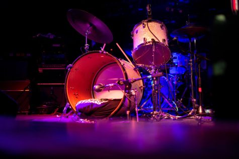 A drum kit sits at Gabe’s during a Titus Andronicus performance in Iowa City on Tuesday, March 29, 2023. 