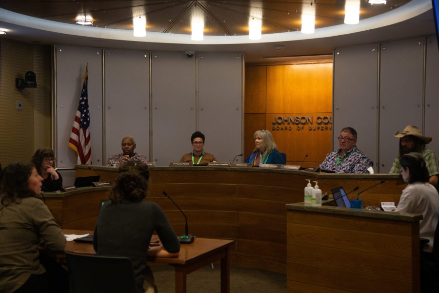 Members of the Johnson County Board of Supervisors listen to a presentation during their meeting in the Johnson County Administration Building on Wednesday, March 29, 2023.