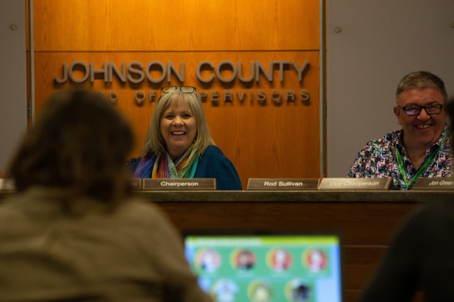 Chairperson Lisa Green-Douglass and Vice chairperson Rod Sullivan listen to speakers at a Johnson County Board of Supervisors meeting in the Johnson County Administration Building on Wednesday, March 29, 2023.