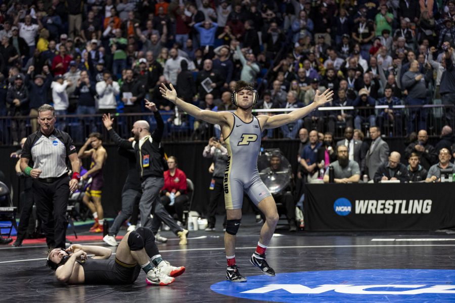 Purdues+Matt+Ramos+celebrates+after+pinning+Iowas+three-time+national+champion+Spencer+Lee+in+the+semi-finals+of+the+NCAA+Wrestling+Championships+at+BOK+Center+in+Tulsa%2C+Okla.+on+Friday%2C+March+17%2C+2023.+