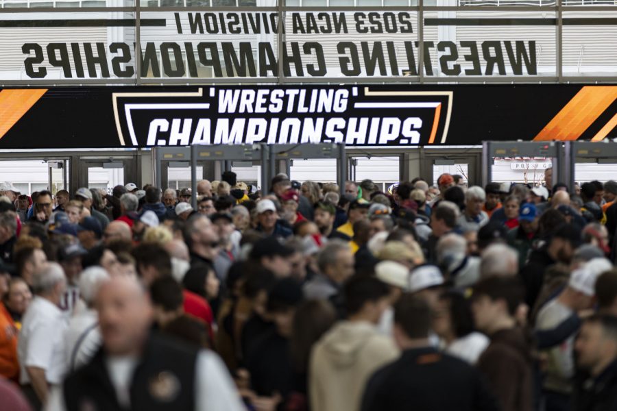 Fans enter BOK Center before session one of the NCAA Wrestling Championships in Tulsa, Okla. on Thursday, March 16, 2023. 