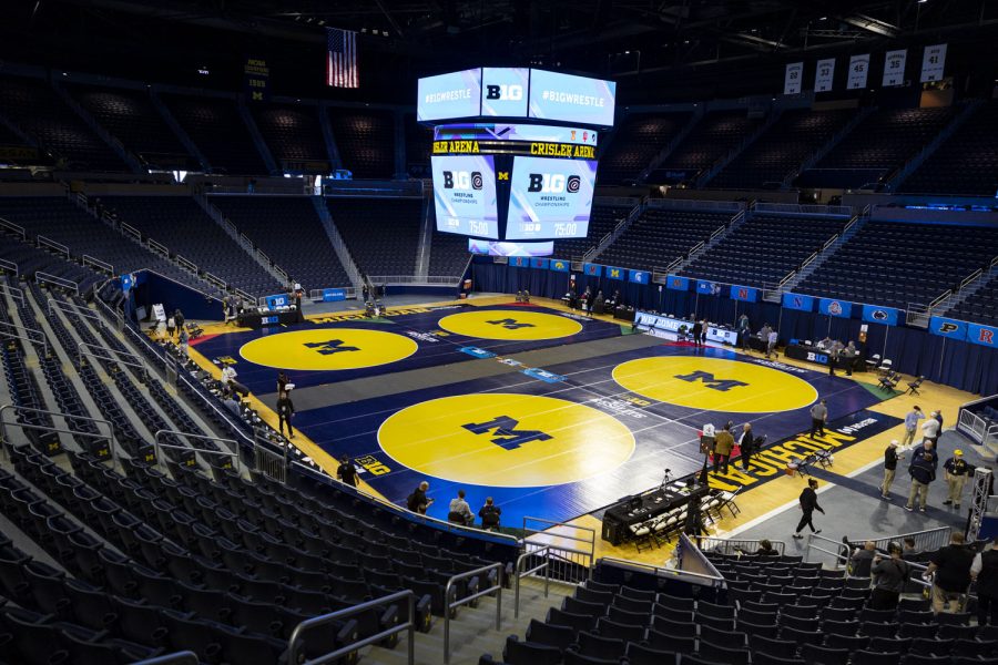 Mats rest on the floor before session one of the Big Ten Wrestling Championships at Crisler Center in Ann Arbor, Mich. on Saturday, March. 4, 2023. 