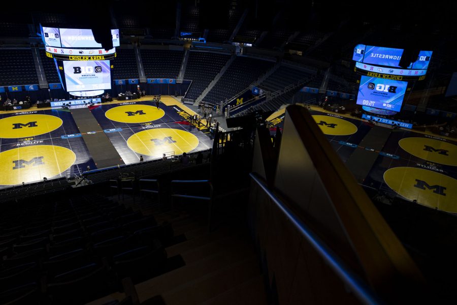 Mats rest on the floor before session one of the Big Ten Wrestling Championships at Crisler Center in Ann Arbor, Mich. on Saturday, March. 4, 2023. 