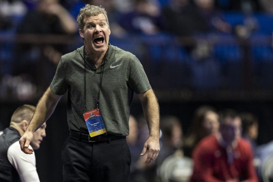 Iowa head coach yells during session two of the NCAA Wrestling Championships at BOK Center in Tulsa, Okla. on Thursday, March 16, 2023.