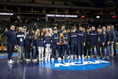 The Penn State wrestling team poses for a picture after session six of the NCAA Wrestling Championships at BOK Center in Tulsa, Okla. on Saturday, March 18, 2023. Penn State finished first in team standings with 137.5 points.