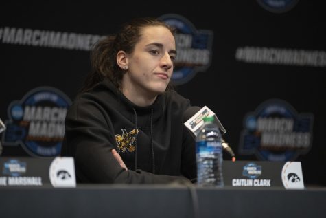 Iowa guard Caitlin Clark talks to the media during the 2023 NCAA Sweet Sixteen press conferences and practices at Climate Pledge Arena in Seattle, WA on Thursday, March 24, 2023.