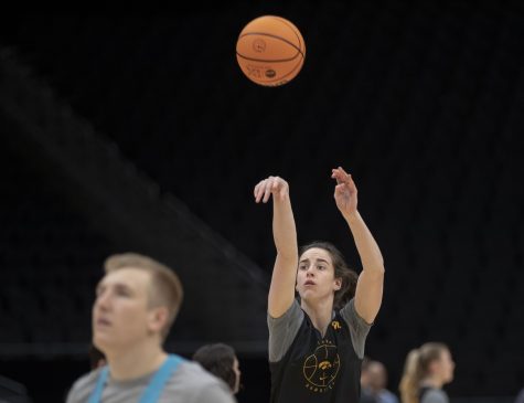 Iowa guard Caitlin Clark shoots a three point shot during the 2023 NCAA Sweet Sixteen press conferences and practices at Climate Pledge Arena in Seattle, WA on Thursday, March 24, 2023.