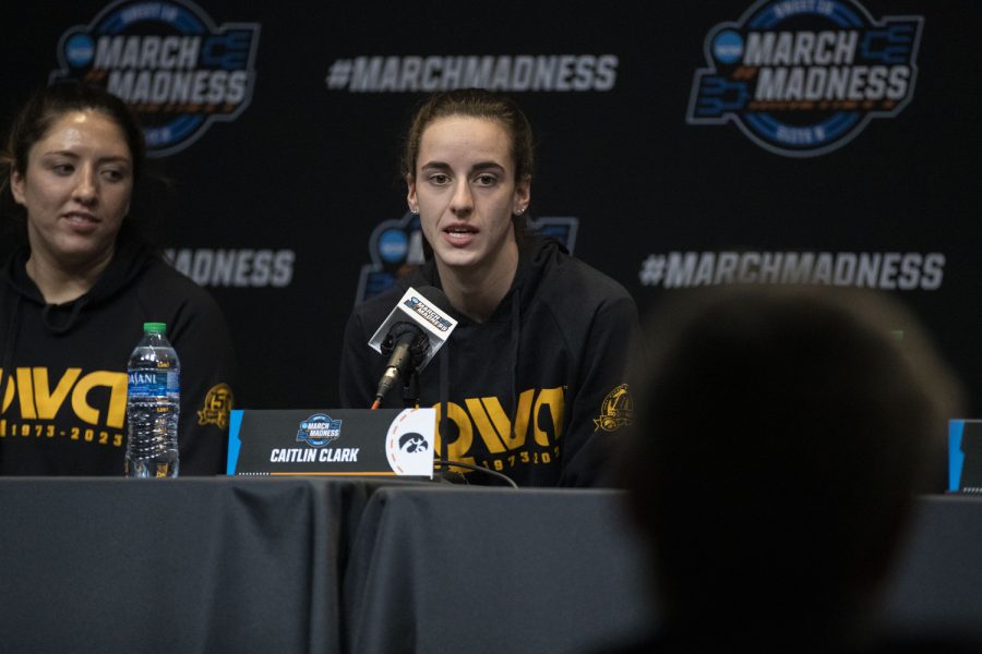 Iowa guard Caitlin Clark speaks to the media during the NCAA Elite Eight press conferences at Climate Pledge Arena in Seattle, WA, on Sat., March 25, 2023. “Obviously its not close to the state of Iowa, but I still feel like we have really good support here.” Clark said. “We get to play in a city that loves womens basketball.”