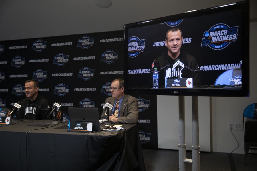 Louisville head coach Jeff Walz speaks to the media during the NCAA Elite Eight press conferences at Climate Pledge Arena in Seattle, WA, on Sat., March 25, 2023.