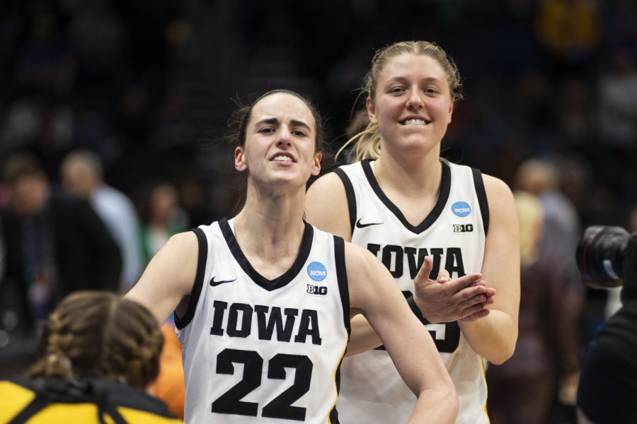 Iowa+guard+Caitlin+Clark+and+Iowa+center+Monika+Czinano+celebrate+after+a+victory+over+No.6+Colorado+at+the+2023+NCAA+Tournament+Sweet+16+at+Climate+Pledge+Arena+in+Seattle%2C+WA+on+March+24%2C+2023.