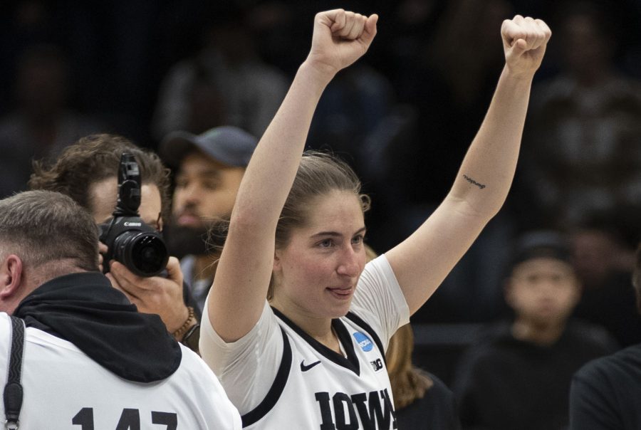 Iowa+guard+Kate+Martin+celebrates+after+a+victory+over+No.+6+Colorado+in+the+2023+NCAA+Sweet+Sixteen+women%E2%80%99s+basketball+game+at+Climate+Pledge+Arena+in+Seattle%2C+WA+on+Friday%2C+March+24%2C+2023.+The+Hawkeyes+defeated+the+Buffaloes%2C+87-77.+Martin+scored+16+points+and+recorded+six+rebounds.