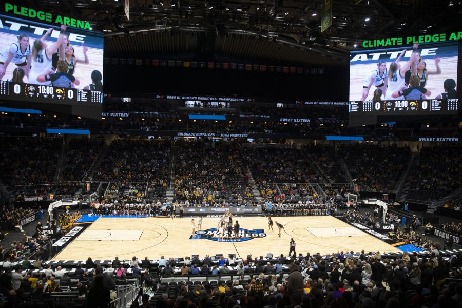 The ball is tipped off during the 2023 NCAA Sweet Sixteen women’s basketball game between No.2 Iowa and No.6 Colorado at Climate Pledge Arena in Seattle, WA on Friday, March 24, 2023. The Buffalos leads The Hawkeyes, 40-39.