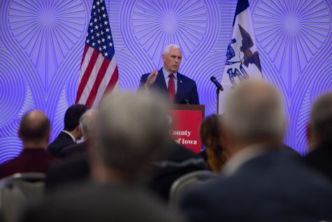 Former United States Vice President Mike Pence delivers a speech at the Radisson Hotel and Conference Center in Coralville, Iowa, on Wednesday evening. This event was hosted by the Johnson Country Republicans of Iowa.