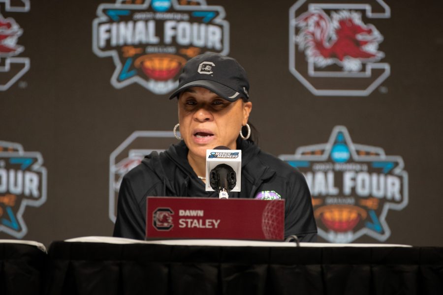 South+Carolina+head+coach+Dawn+Staley+speaks+to+the+media+during+a+2023+NCAA+Final+Four+press+conferences+and+open+practices+at+American+Airlines+Center+in+Dallas%2C+Texas+on+Thursday%2C+March+30%2C+2023.