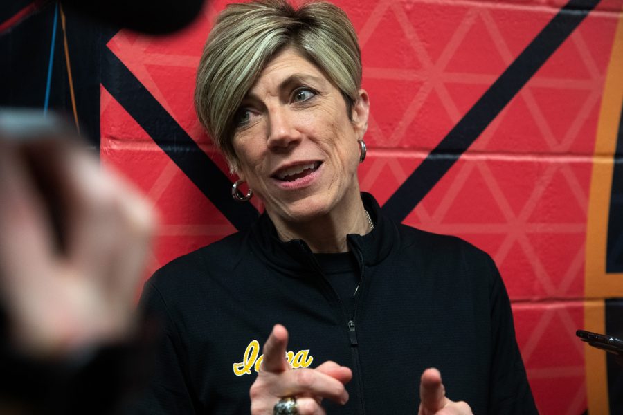 Iowa associate head coach Jan Jensen talks to the media during a 2023 NCAA Final Four press conferences and open practices at American Airlines Center in Dallas, Texas on Thursday, March 30, 2023.