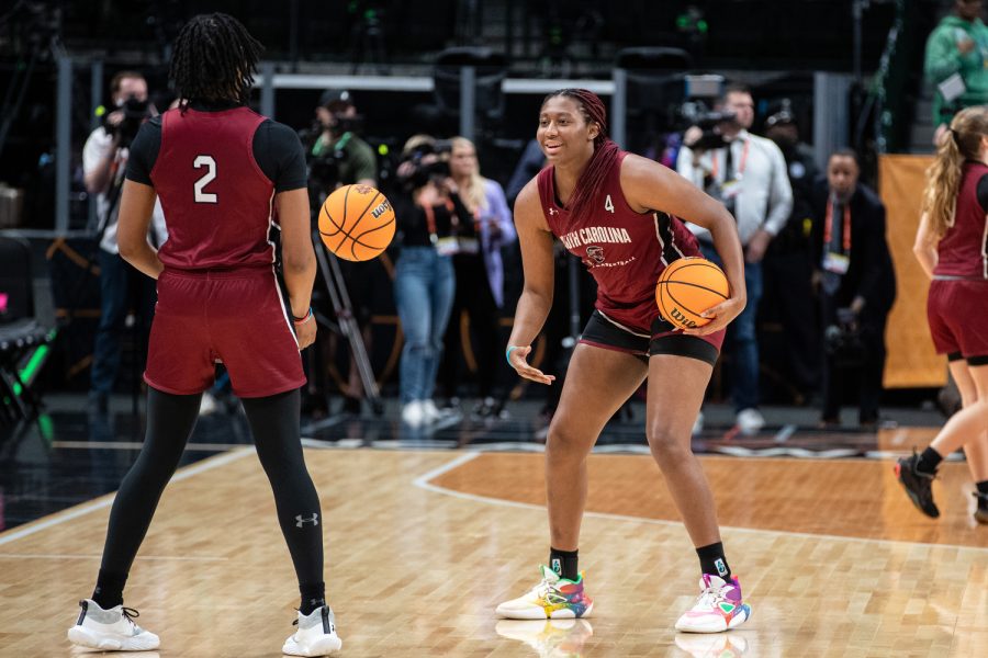 South Carolina forward Aliyah Boston interacts with teammate Ashlyn Watkins during a 2023 NCAA Final Four press conferences and open practices at American Airlines Center in Dallas, Texas on Thursday, March 30, 2023.