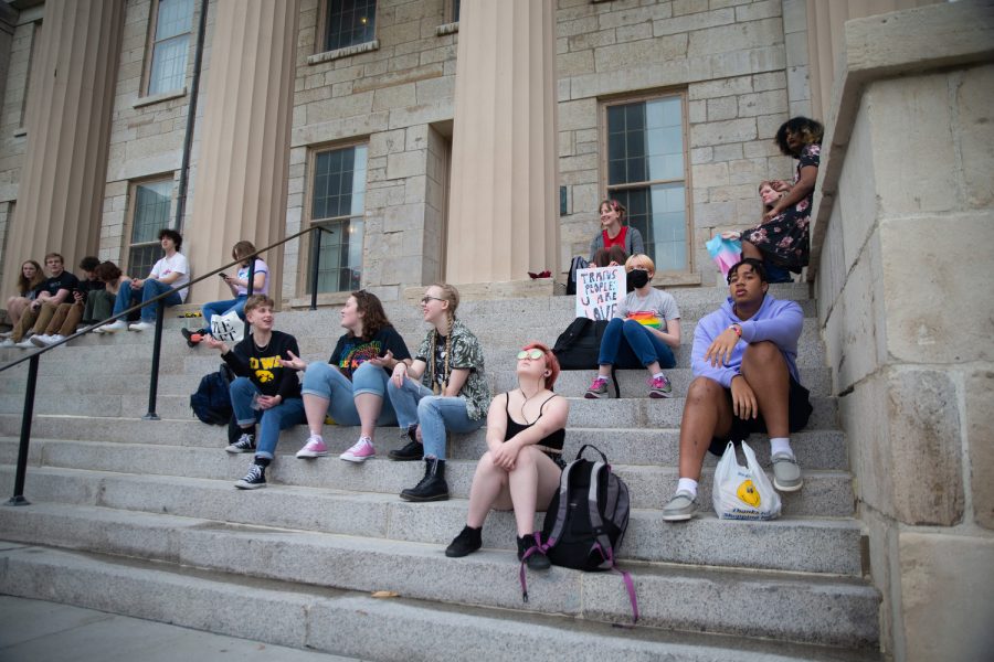 Demonstrators gather on the steps of the Old Capitol in Iowa City to raise awareness on transgender discrimination on International Transgender Day of Visibility on March 31, 2023. This Trans Day of Visibility is sponsored by the Today You, Tomorrow Me mutual aid group.