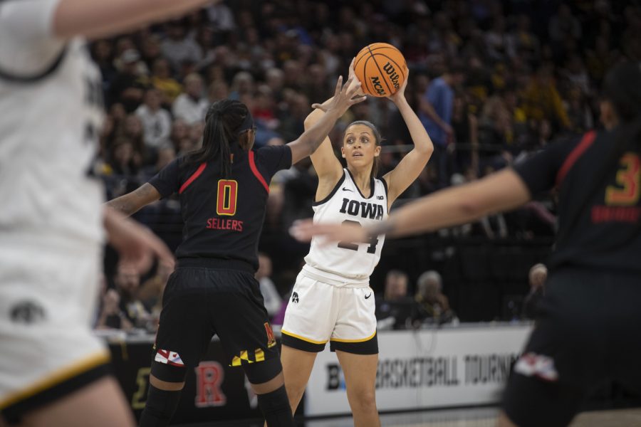 Iowa guard Gabbie Marshall shoots the ball during a women’s basketball game between No. 7 Iowa and No. 5 Maryland at Target Center in Minneapolis on Saturday, March 4, 2023. The Hawkeyes defeated the Terrapins, 89-84. Marshall scored 21 points.