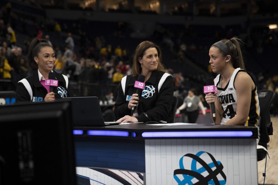 Iowa guard Gabbie Marshall talks to Big 1o reporters after a women’s basketball game between No. 7 Iowa and No. 5 Maryland at Target Center in Minneapolis on Saturday, March 4, 2023. The Hawkeyes defeated the Terrapins, 89-84. Marshall scored 21 points.