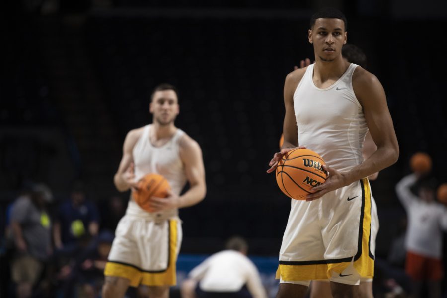 Iowa forward Kris Murray warms up before a men’s basketball game between Iowa and Auburn in the first round of the NCAA Tournament at Legacy Arena in Birmingham, Alabama on Thursday, March 16, 2023.