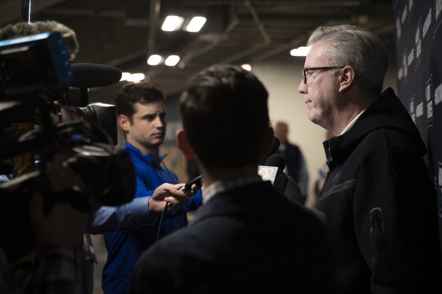 Iowa head coach Fran McCaffery speaks to reporters before practice at Legacy Arena in Birmingham, Alabama on Wednesday, March 15, 2023. Iowa faces Auburn on Thursday.