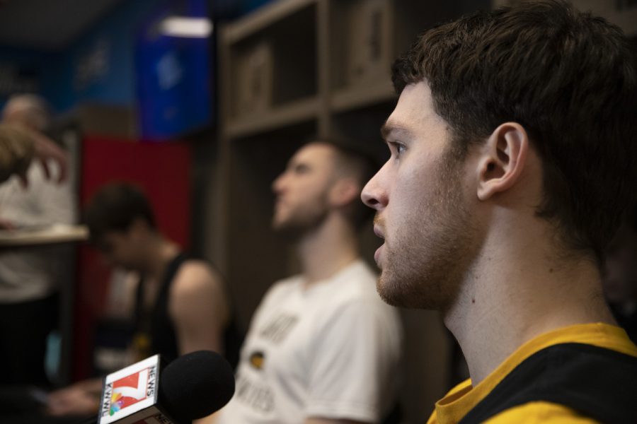 Iowa forward Filip Rebraca speaks to reporters during a locker room interview before practice at Legacy Arena in Birmingham, Alabama on Wednesday, March 15, 2023. Iowa faces Auburn on Thursday.