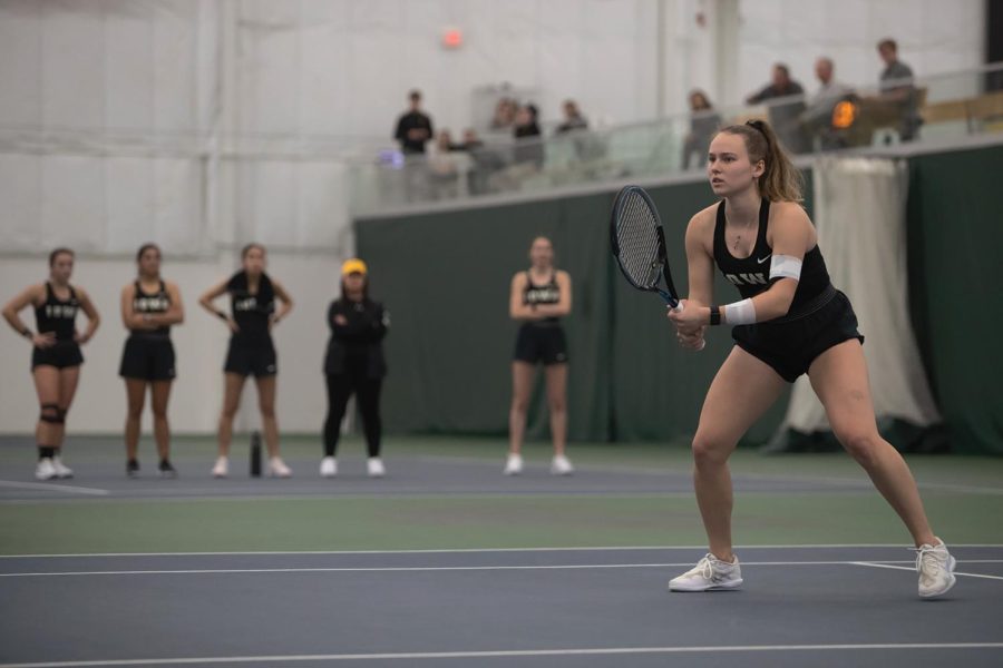 Iowa’s Pia Kranholdt stands ready during a women’s tennis meet at the Hawkeye Tennis & Recreational Complex. The Hawkeye’s defeated the Wildcat’s, 4,1, on Sunday, Feb.5, 2023.