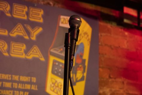 A microphone placed on the stage for the Open Mic Night at the Joystick Comedy Arcade in Iowa City on Monday, December 6, 2022. 