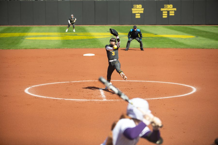 Iowa pitcher Breanna Vasquez throws a pitch to Northwestern pitcher Sydney Supple at Bob Pearl Stadium on Saturday, April 1, 2023. The Wildcats defeated the Hawkeyes, 3-8.