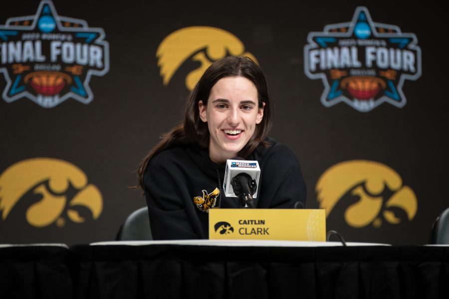 Iowa guard Caitlin Clark  during a 2023 NCAA women’s National Championship press conferences at American Airlines Arena in Dallas, Texas, on Saturday, April 1, 2023.