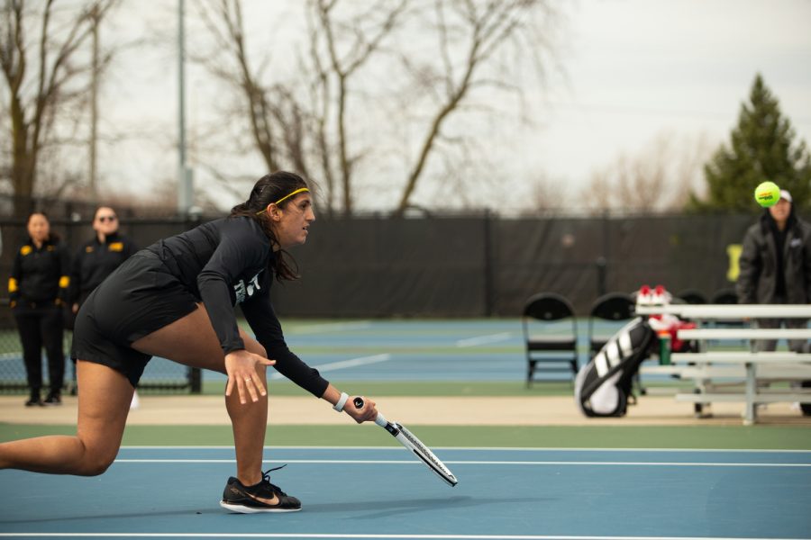 Iowa’s Vipasha Mehra during a doubles match against Indiana at the Hawkeye Tennis and Recreational Complex on Sunday, April 2nd. The Hoosiers defeated the Hawkeyes 4-2.
