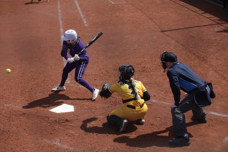Iowa catcher Tristin Doster waits for a pitch during the first game of a softball doubleheader between Iowa and no. 20 Northwestern on Sunday, April 2, 2023. The Wildcats beat the Hawkeyes 5-0.