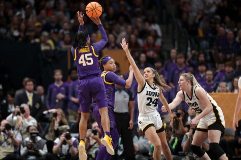 LSU guard Alexis Morris shoots the ball during the 2023 NCAA women’s national championship game between No. 2 Iowa and No. 3 LSU at American Airlines Center in Dallas, Texas on Sunday, April 2, 2023. Morris scored 21 points. The Tigers defeated the Hawkeyes, 102-85.