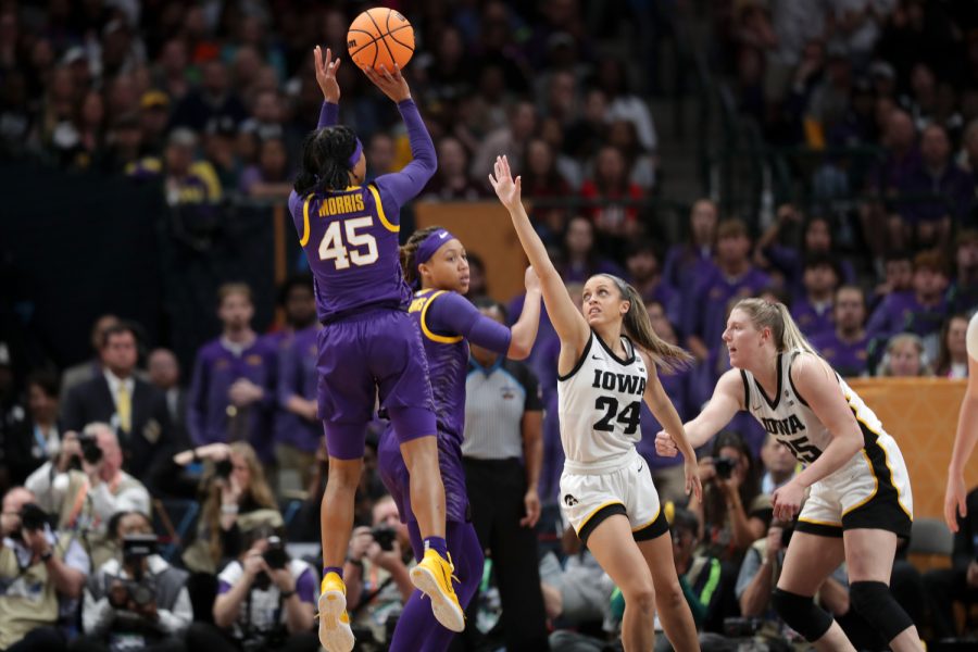 LSU guard Alexis Morris shoots the ball during the 2023 NCAA women’s national championship game between No. 2 Iowa and No. 3 LSU at American Airlines Center in Dallas, Texas on Sunday, April 2, 2023. Morris scored 21 points. The Tigers defeated the Hawkeyes, 102-85.